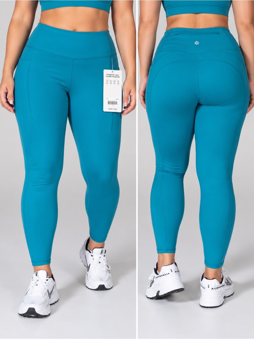 Athleta PaceSetter Tight Leggings M Teal Blue Side Pockets NWT $99